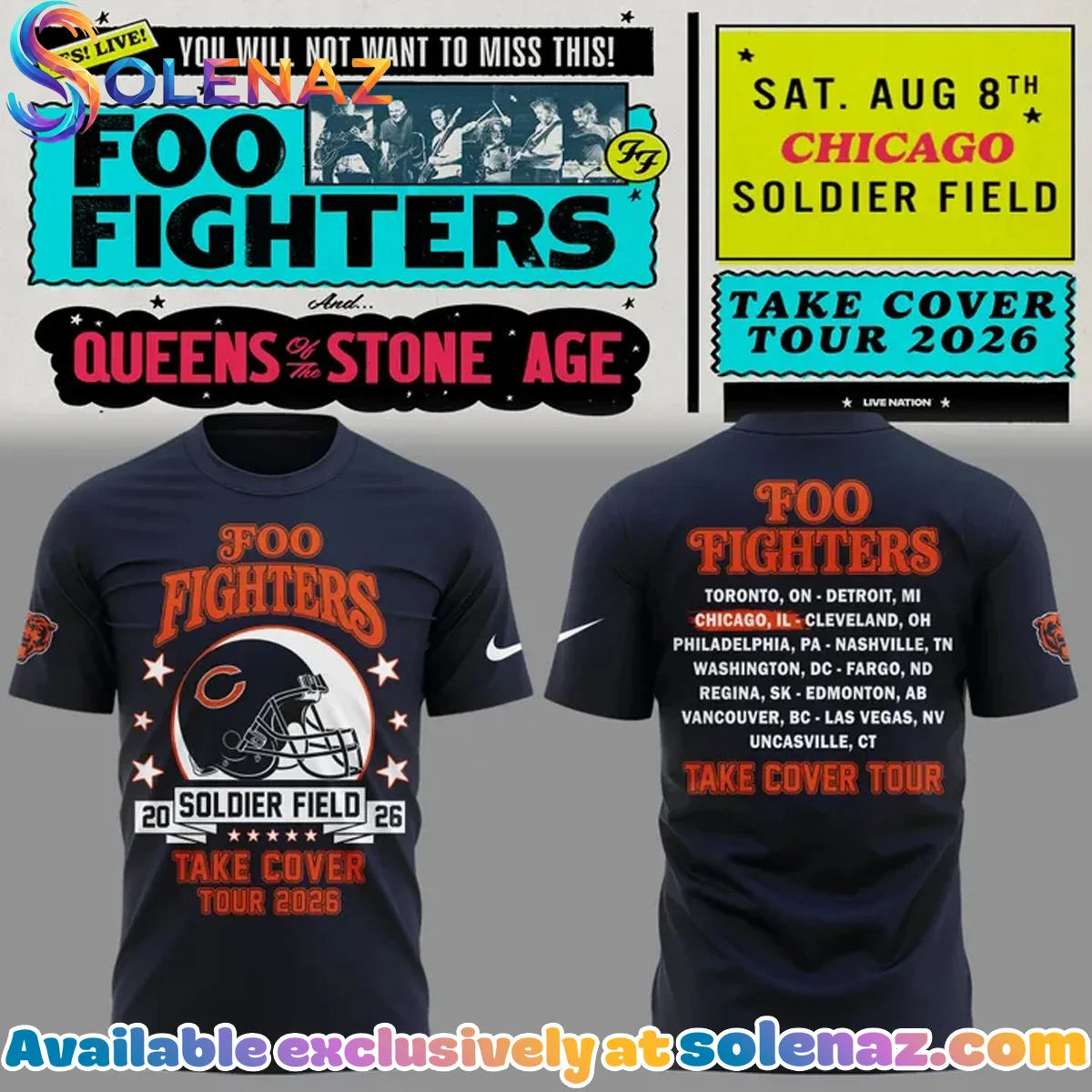Foo Fighters x Chicago Bears Take Cover Tour Shirt & Hoodie [Batch 1]